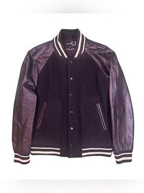 Raf Simons x Fred Perry Black Wool Leather Varsity Bomber Jacket Men’s Medium